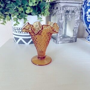 Fenton Amber Hobnail Vase 4" Original Ruffled Fluted mini Vintage Pre 1970